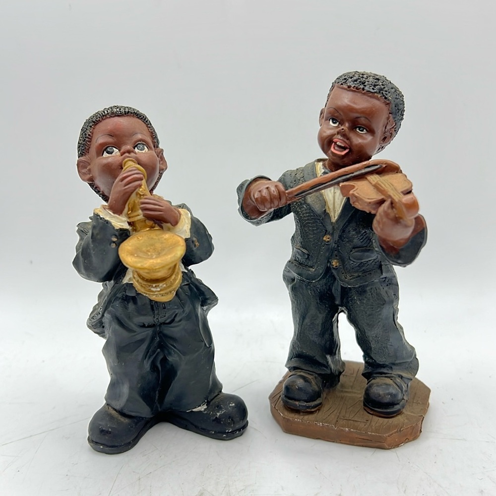 African American Boys Playing Sax Violin Jazz Music Black Decor Collectible Art